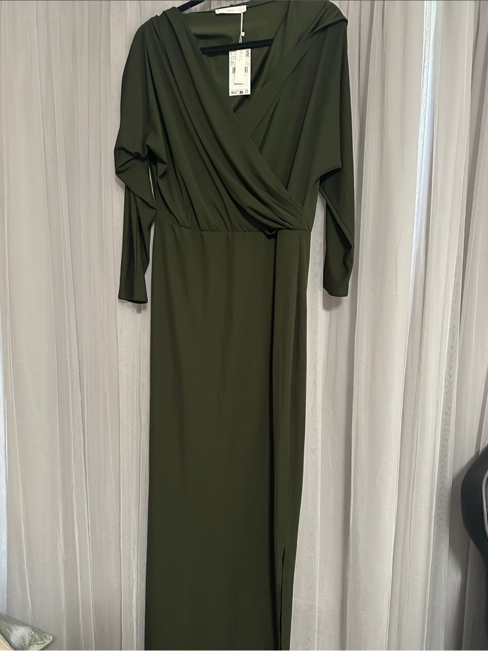 Olive Green Maxi Wrap-Front Dress with V-Neck and hoodie - Picture 1 of 4